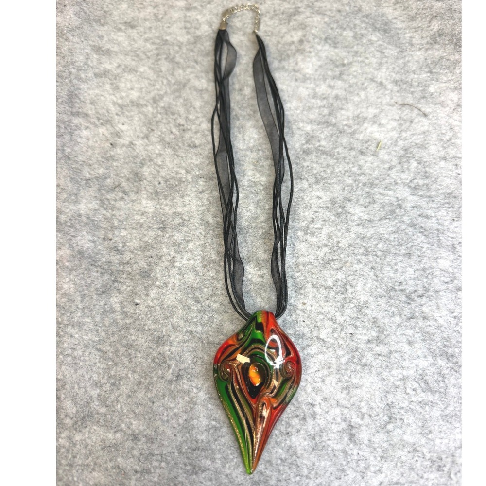 Murano Style Glass Pendant Necklace Red Green Gold Aventurine Ribbon Cord